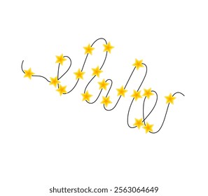 Christmas colorful bright yellow star lights curly string garland simple doodle hand drawn vector illustration, flat style cartoon image for winter New Year holiday, birthday events design