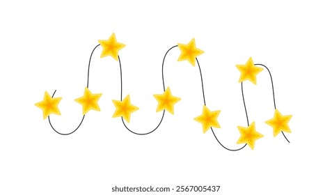 Christmas colorful bright yellow star lights curly string garland simple doodle hand drawn vector illustration, flat style cartoon image for winter New Year holiday, birthday events design