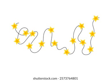 Christmas colorful bright yellow star lights curly string garland simple doodle hand drawn vector illustration, flat style cartoon image for winter New Year holiday, birthday events design