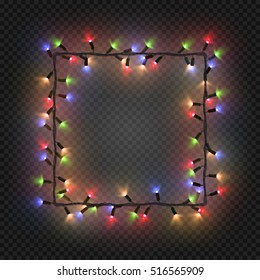 Christmas colorful bulbs, garland forming a square, vector. Festive blank quadratic frame with electric garland
