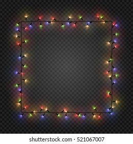 Christmas Colorful Bulbs, Garland Forming A Square, Vector. Festive Blank Quadratic Frame With Electric Garland