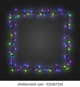 Christmas colorful bulbs, garland forming a square, vector. Festive blank quadratic frame with electric garland