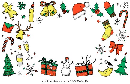 Christmas colorful cartoon background with place for your text. Hand drawn x-mas symbols. Clip art for winter design. New Year doodle icons. Vector illustration