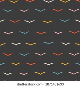 Decoración de color navideña sin fisuras. Ilustración de partido abstracta con vector dibujado a mano. Forma de marca de verificación en colores brillantes de vacaciones aislados en fondo negro
