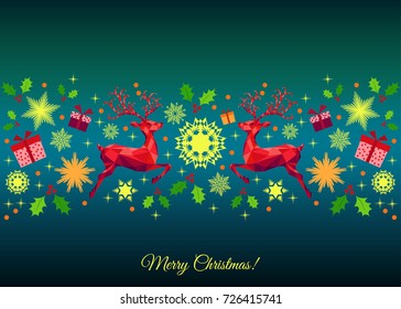 Christmas colorful  decoration. Happy New Year bright  background. Red Xmas jumping  reindeer, holly, gifts and  snowflakes. Vector template  for greeting  card.