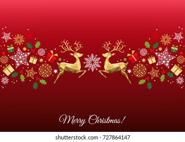 Christmas colorful  decoration. Happy New Year pattern on red  background. Golden  Xmas jumping  reindeer, holly, gifts and  snowflakes. Vector template  for greeting  card.