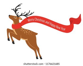 Christmas colorful deer with scarf. Deer in jumping. Merry Christmas and Happy New year.