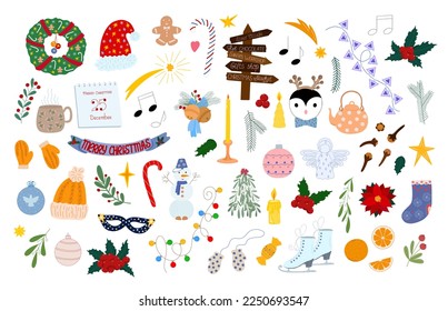 Christmas colorful elements set holly plant, skates, snowman, candle, orange, stars, garland, decoration in simple cartoon style for winter holidays greeting card, invitation, banner, decor, stickers