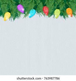 Christmas Colorful Glowing Lights and Pine Branches on Whitewashed Wood Background; Retro style inspired by mid-century modern illustration