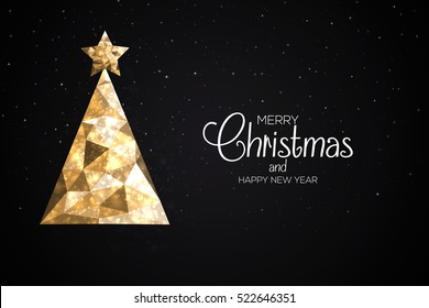 Christmas Colorful Greeting Card Made In Polygonal Origami Style. Party Poster, Greeting Card, Banner Or Invitation. Christmas Tree Formed By Triangles. Vector