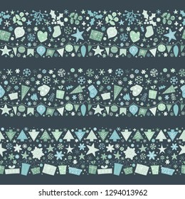 Christmas colorful hand drawn seamless borders in Scandinavian style. New Year ornaments and typographic design. Use for banner, holiday greeting and Christmas card, postcard. Vector illustration.
