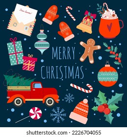 Christmas colorful, holiday set, cute seasonal elements, flat style illustration isolated on dark background. Merry Christmas calligraphy. Set of seasonal Christmas greetings. Happy Holidays.