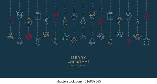 christmas colorful icon elements hanging blue background