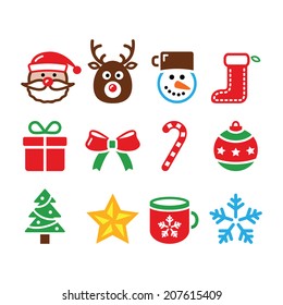 Christmas colorful icons set - Santa, present, tree, Rudolf  