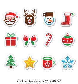 Christmas colorful icons set - Santa, present, tree, Rudolf