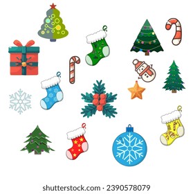 Fijación de coloridos iconos de Navidad. Árbol de Navidad, bolas de regalo Ornamentos de Año Nuevo y ramas de pino decoración elementos vectores sobre fondo blanco