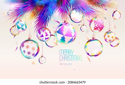 Christmas colorful iridescent balls on white background. New year decoration. Bright festive illustration.