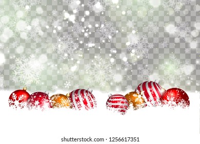 Christmas colorful layout. Christmas golden, red, silver balls, stars on a snow winter snowdrift on a transparent background sparkling with falling snow and copy space.