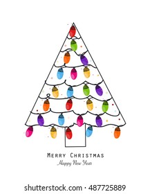 Christmas colorful light bulb new year greeting card. New year tree made of colorful light bulb illustration