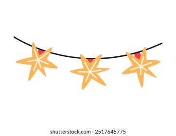 Natal colorido luzes guirlanda com estrelas. Imagem de feriado de Ano Novo de inverno. Ilustração desenhada à mão de vetor plano.