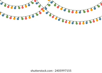 Christmas colorful lights isolated on white background. Garlands for decoration. Glowing light bulb for Christmas cards, banners, posters, web. Vector illustration.
