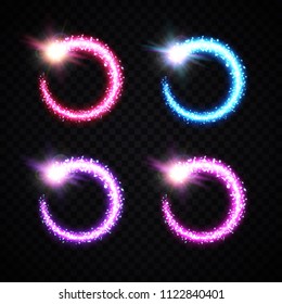 Christmas colorful magic round comets with glittering glowing trail tail. Holiday light background elements set on transparent backdrop. Decorative lights circle frame pack. Bright vector illustration