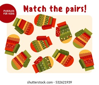 Christmas colorful mittens set in traditional color style. Kid mind game vector illustration in Christmas style. Assorted things to find the match.