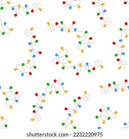 Christmas colorful multicolored lights curly string garland seamless pattern simple doodle hand drawn vector illustration, flat style image for winter New Year holiday, birthday events design

