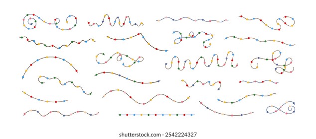 Natal colorido multicolorido luzes encaracolado guirlandas de cordas definir ilustração de vetor desenhada à mão simples doodle, imagem de desenho animado de estilo plano para o feriado de inverno de Ano Novo, design de eventos de aniversário