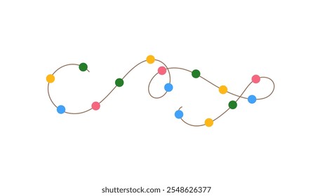 Christmas colorful multicolored lights curly string garland simple doodle hand drawn vector illustration, flat style cartoon image for winter New Year holiday, birthday events design