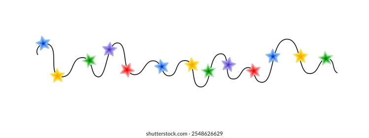 Christmas colorful multicolored lights curly string garland, doodle hand drawn vector illustration, flat cartoon seasonal image for winter New Year holiday, birthday events design