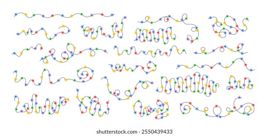 Christmas colorful multicolored lights curly string garlands set simple doodle hand drawn vector illustration, flat style cartoon image for winter New Year holiday, birthday events design