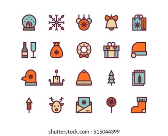 Christmas colorful outline icons on a white background. Vector set