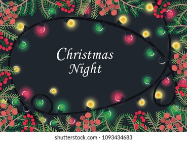 Christmas colorful party light with pine leaves and red berries frame vector background.