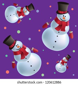Christmas colorful pattern background with snowmen isolated on purple. mesh vector illustration seamless. greeting card