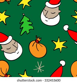 Christmas colorful seamless ornament with Santa Claus, fir trees, gifts and stars