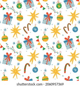 Christmas colorful seamless pattern with candy cane, Christmas toys, presents, stars and snowflakes. Christmas vector wallpaper for textile, wrapping paper, invitations, greeting cards, posters.