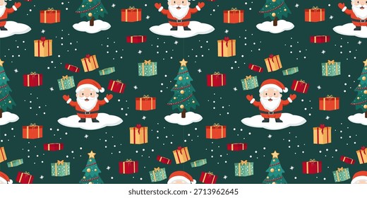 Navidades de colores sin patrón. Lindo Santa con árbol de Navidad, regalos y decoraciones. Fondo verde Vector para el embalaje, papel de embalaje, textil.
