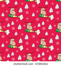 Christmas colorful seamless pattern with the image of a cute deer and fir trees. Vector background.