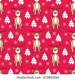 Christmas colorful seamless pattern with the image of a cute deer and fir trees. Vector background.