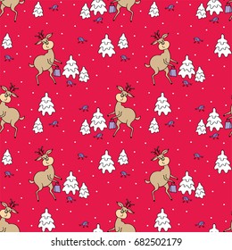 Christmas colorful seamless pattern with the image of a cute deer and fir trees. Vector background.