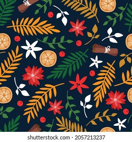 Christmas colorful seamless pattern with leaves, flowers, orange and cinnamon. Vector illustration.	
