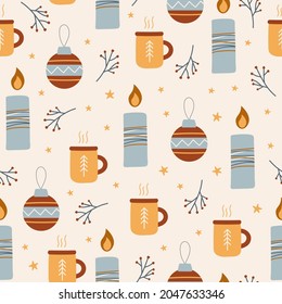 Christmas colorful seamless pattern. Traditional winter symbols, candle, cup, Christmas toy. Beautiful design of Christmas wrapping paper. Vector illustration