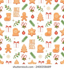 Christmas colorful seamless surface pattern with gingerbread cookies, mistletoe, balls, candy cane and gift boxes