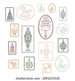 Christmas colorful set with a Nutcracker in the frame. Cute linear illustration.