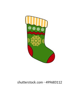 Christmas Colorful Sock Decorated Snowflakes Isolated on White Background, Christmas Decorations, Merry Christmas and Happy New Year, Vector Illustration