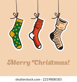 Christmas colorful socks. Christmas card. Vector illustration in flat cartoon style.