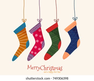 Christmas colorful socks.  Flat cartoon style vector illustration.