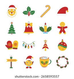 Christmas Colorful Solid Icon Set. Festive Vector Icons for Winter Holiday, Santa, Gifts, and Celebration of Merry Christmas. Colorful Christmas Icon Set. Solid Style Holiday Vector Collection