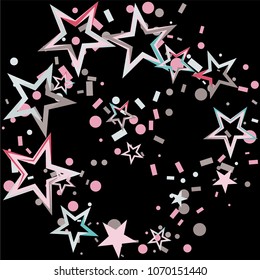 Christmas colorful stars confetti falling, isolated on black. Magic shining flying stars and glitter dots sparkle cosmic backdrop